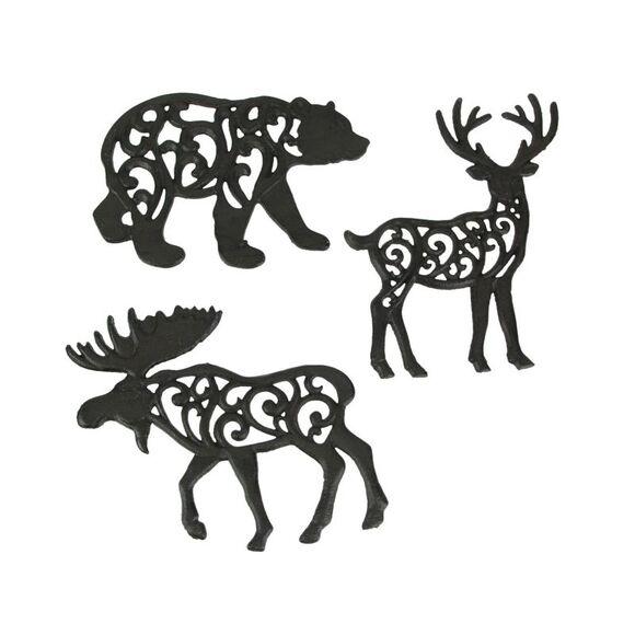 Set of 3 Cast Iron Lodge Design Kitchen Trivets Wall Hanging Art Deer Moose Bear - Picture 1 of 4